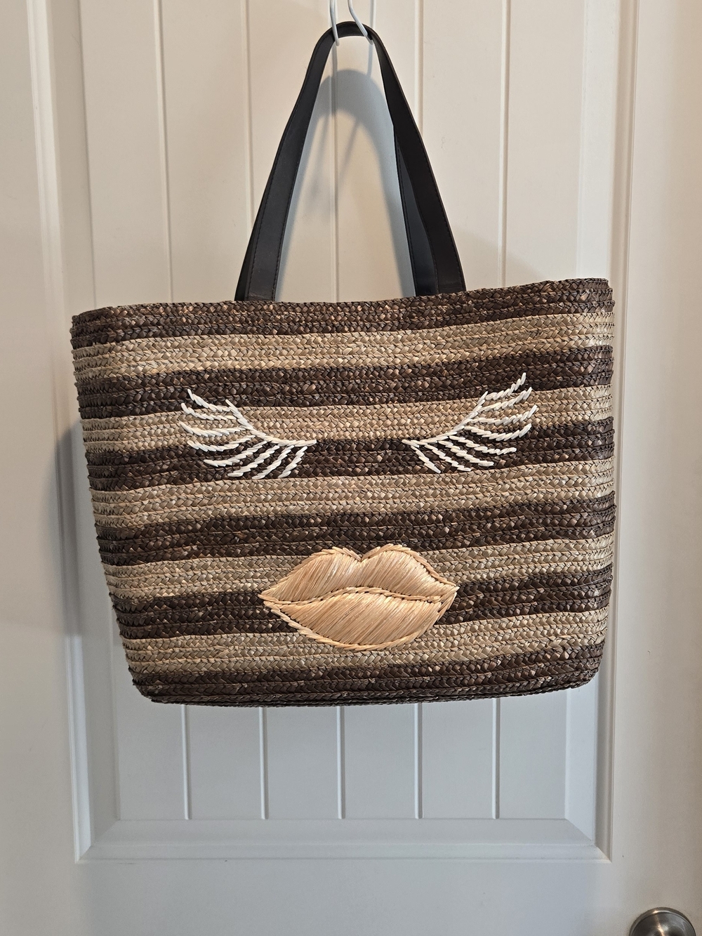 Striped Woven Tote with Embroidered Lips and Lashes - Brown